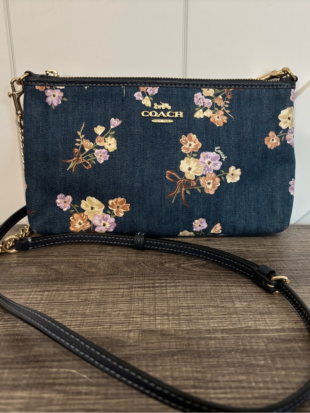 Coach Denim Floral Zip Top Crossbody with Painted Floral